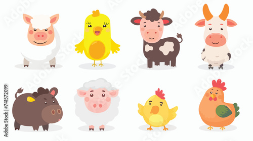 Farm animal set. Cow sheep pig hen chicken egg 