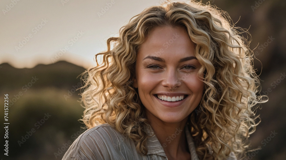 beautiful woman, with blonde curly hair - obrazy, fototapety, plakaty 