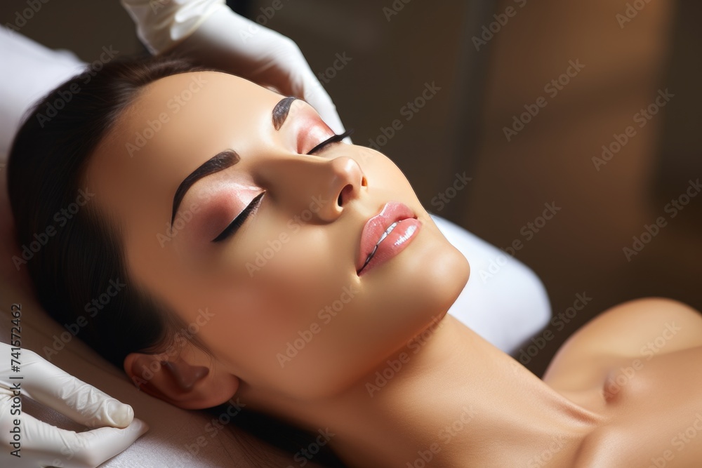 Serene young woman blissfully relaxing in a luxury spa, experiencing tranquil rejuvenation
