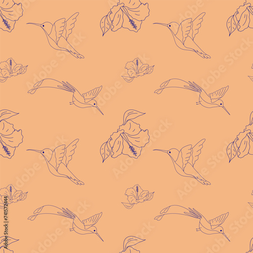 Hummingbird with flower seamless pattern on yellow background, stylish combination isolated set, ink sketch illustration. Bird background colibri tropical silhouette art. Black and white hand drawn