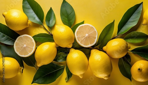 Fresh and juicy lemons with leaves on yellow background. Tasty and sweet citrus fruits.