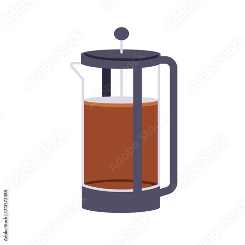 French press, glass coffee pot. Cafetiere, coffeemaker with piston. Kitchen device, frenchpress for making, brewing coffe drink, tea beverage. Flat vector illustration isolated on white background