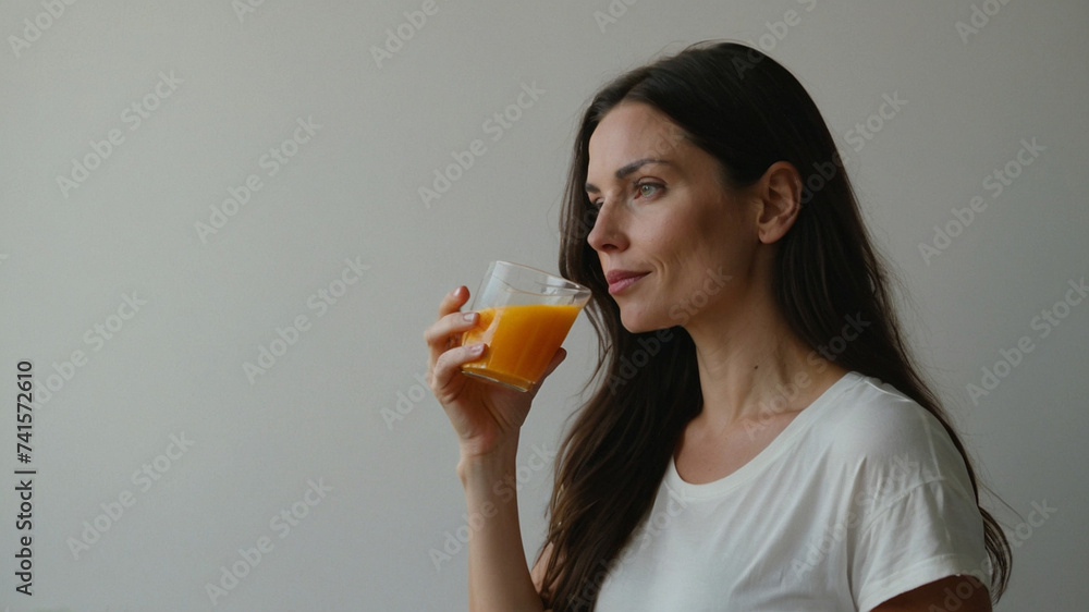 beautiful white woman, with dark long hair drinking orange juice beautiful white woman, with dark long hair drinking orange juice