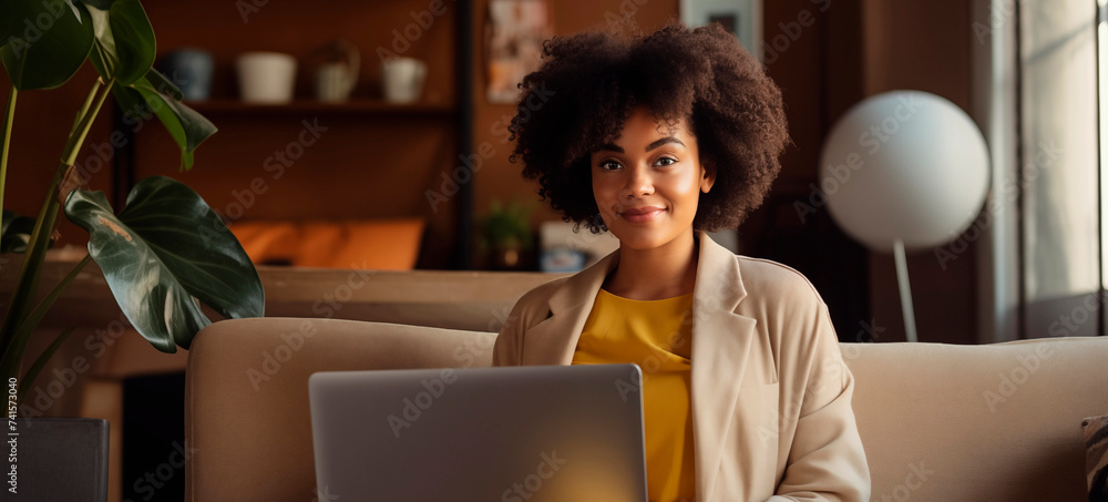African American woman sitting with laptop on sofa in home interior, freelancer. Girl studies online. A girl with a voluminous curly hairstyle in the living room of an apartment African American woman sitting with laptop on sofa in home interior, freelancer. Girl studies online. A girl with a voluminous curly hairstyle in the living room of an apartment