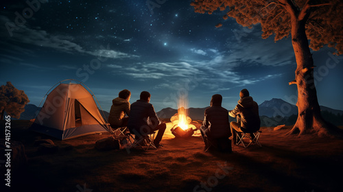 Happy young friends resting by the bonfire near tent. Camping, jungle, night sky photo