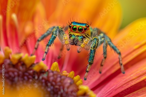Colorful jumping spider in the lower petals, macro , contrast, close up, clear details, sharp focus, natural texture