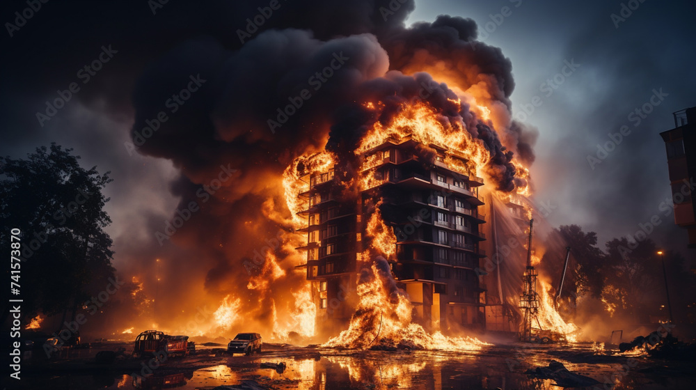 A multi-storey building engulfed in fire