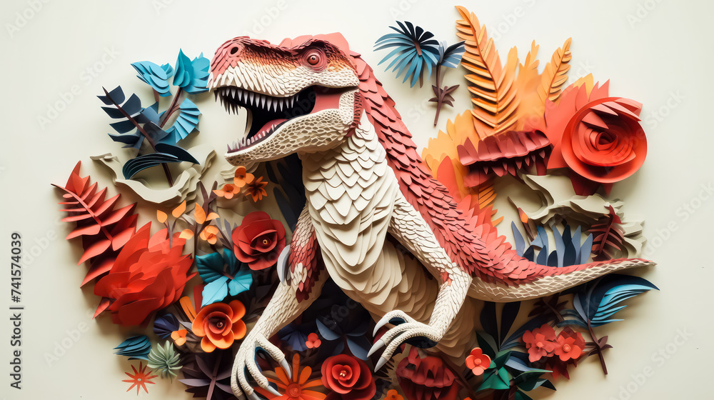 An intricate 3D paper model of a ferocious Tyrannosaurus rex, meticulously crafted with lifelike details, perfect for educational projects or dinosaur enthusiasts.
