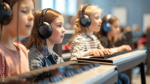 Diverse group of focused children wearing headphones and practicing piano in a bright music classroom.
