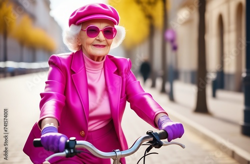 Smiling senior woman in pink sunglasses and pink coat riding bicycle on street.autumn city.