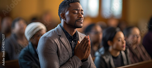African American man praying in church photo