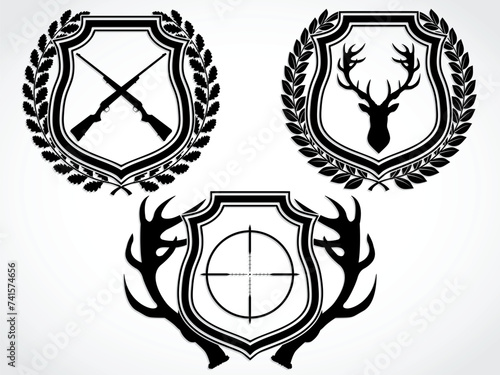 silhouette hunting theme symbols with / laurel wreath antler / vector illustration