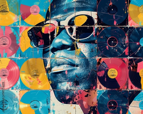 Pop music icons and vinyl records in a dynamic collage celebrating the era of disco and jazz