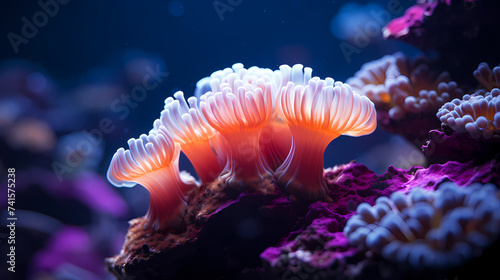 Beautiful undersea tropical fluorescent sea anemone on deep sea coral reef