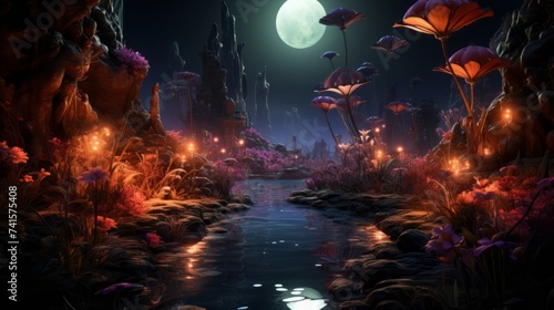 River glowing in moonlight with flowers and mushrooms under a starry sky