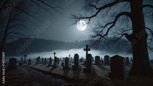 Halloween cemetery at night with full moon in the sky. Halloween concept