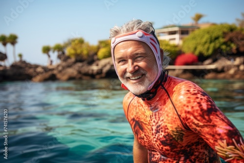 Portrait of a senior man in wetsuit and goggles swimming in the sea © Nerea
