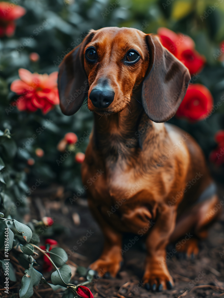 Dachshund and roses, generative ai image Dachshund and roses, generative ai image