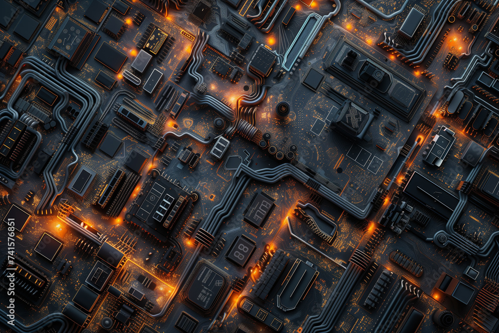 Electronic circuitry visualized in a documentary style, layered with digital imagery and connectivity data.
