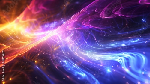 Abstract illustration background featuring colorful flowing light waves against a dark backdrop, creating a visually dynamic and captivating scene with vibrant energy and aesthetic appeal. © arayabandit