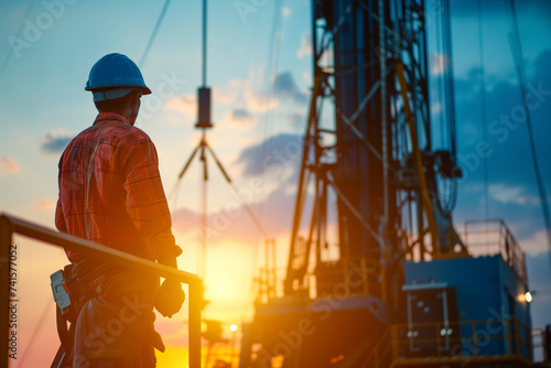 engineer drilling rig in safety suit, Daylight.