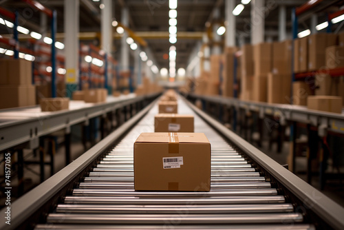 Intimate editorial portrayal of boxes moving along a conveyor belt in a bustling packing factory, highlighting the precision of logistics and packaging processes. © Rattanachat