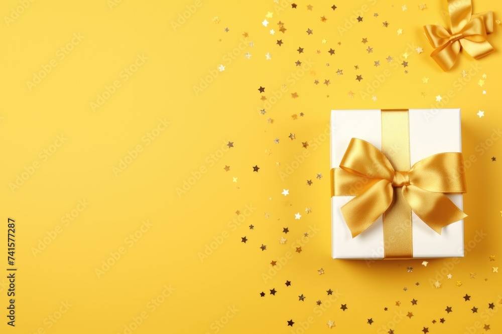 Festive Christmas Giftbox with Golden Satin Ribbon and Bow. Perfect Birthday or Holiday Surprise Festive Christmas Giftbox with Golden Satin Ribbon and Bow. Perfect Birthday or Holiday Surprise