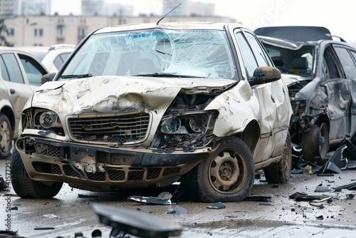 Damaged car after an accident with debris scattered around.