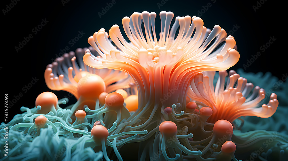 Beautiful undersea tropical fluorescent sea anemone on deep sea coral reef Beautiful undersea tropical fluorescent sea anemone on deep sea coral reef