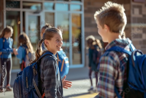 Happy schoolchildren chatting on sunny morning at schoolyard.