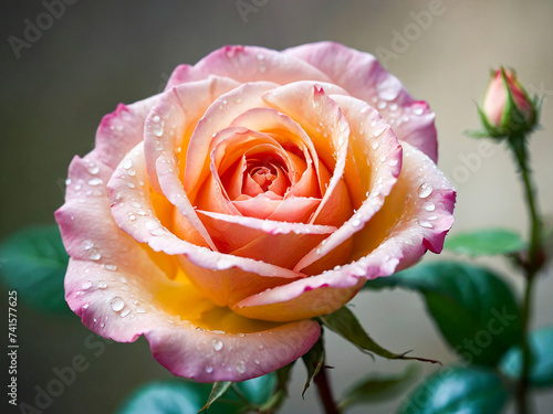 Close up of pink rose flower with water drops. © volgariver