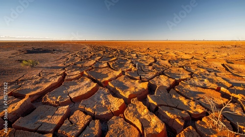 Arid cracked earth stretching to horizon at sunset.