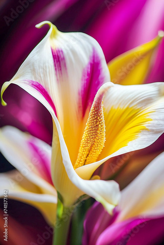 Close up of purple and yellow calla flowers © volgariver