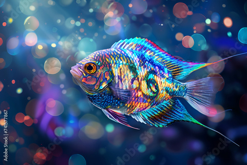 Bright beautiful fish of tropical waters shimmering with neon light Holographic background Trendy poster design