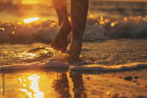 Close-up of human feet walking on a sunny beach, waves gently touching the toes.