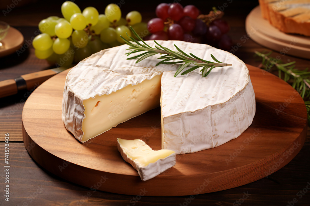 Cheese platter with Camembert or Brie on wooden board garnished with herbs. Simple yet appetizing.