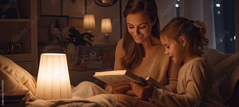 Family before going to bed mother reads to her child a book near a lamp