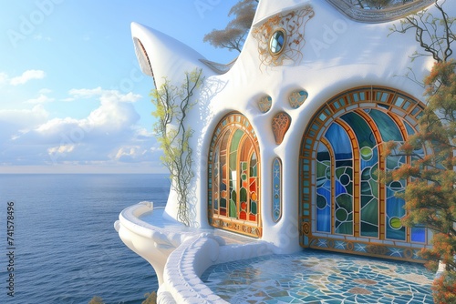 A bright, art nouveau-style house on an oceanfront cliff,  house are complemented by Easter-themed stained glass windows that catch the morning light