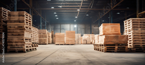 Freight pallet stacked in empty warehouse