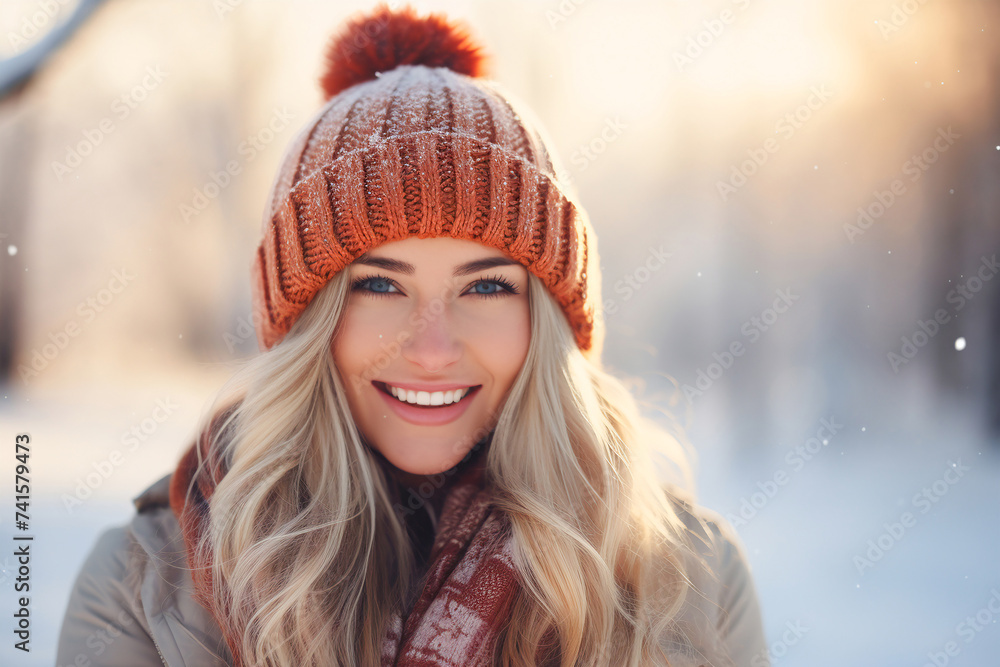 Smiling woman in winter hat on snowy street. Simple urban portrait capturing seasonal joy. Smiling woman in winter hat on snowy street. Simple urban portrait capturing seasonal joy.