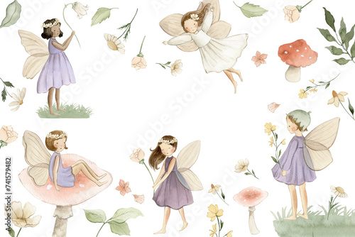 Fairy watercolor illustration, flower fairy, spring fairies 