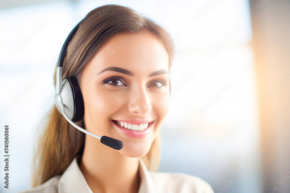 A woman with a headset provides technical support in a call center. Professional assistance available for customers. A woman with a headset provides technical support in a call center. Professional assistance available for customers.