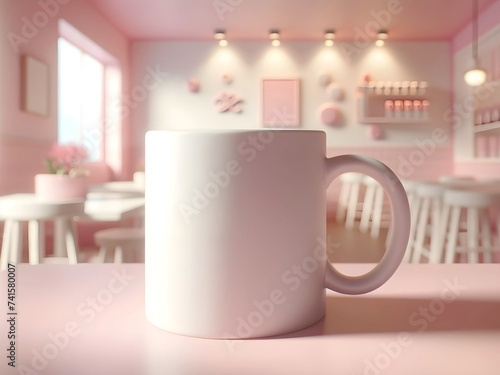 Mug Mockup. Blank white mug mockup with soft pink cafe scene background. Digital mockup image of coffee cup for artwork display or presentation.