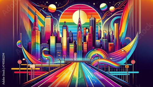 Neon Metropolis: Retro-Futuristic Cityscape under Cosmic Skies