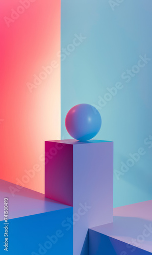 A pastel-coloured geometric composition with a sphere on a cube.