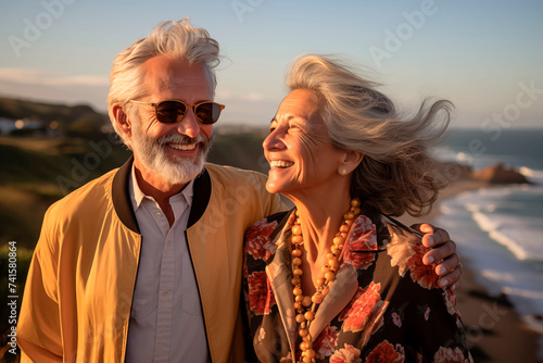 Portrait of an elderly couple traveling together, admiring the beautiful landscape and nature, feeling young and free photo