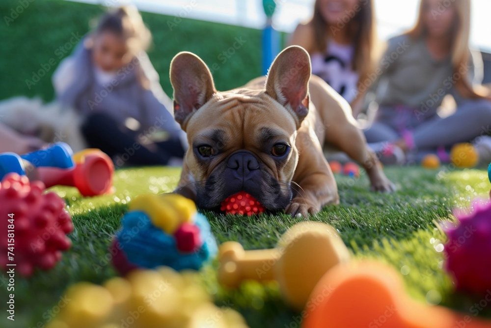 French Bulldog with Chew Toy Amidst Playful Background