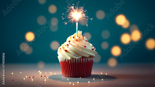 Birthday cake with sparkler candles on light background