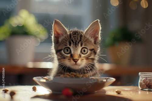 Adorable Kitten Gazing While Eating Kibbles