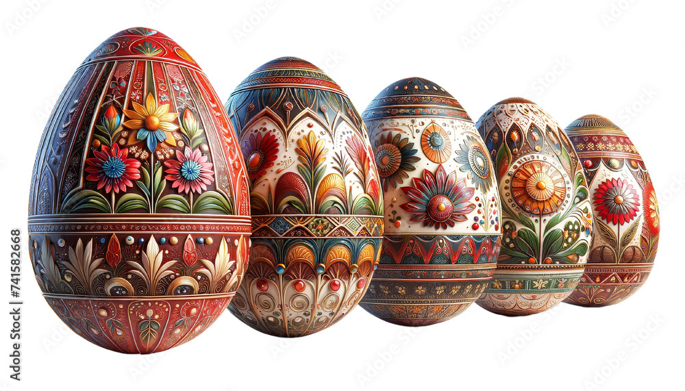 Variety of decorative Easter eggs with ornate floral designs and vibrant colors on a black background. Easter and springtime celebration theme for posters, banners, and textile design. Variety of decorative Easter eggs with ornate floral designs and vibrant colors on a black background. Easter and springtime celebration theme for posters, banners, and textile design.